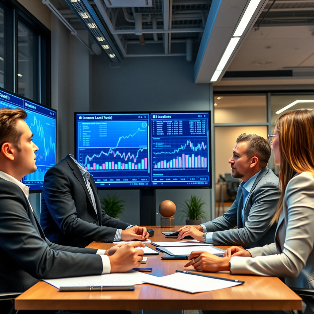 Empresarios discutiendo opciones de préstamos en una oficina moderna con tecnología avanzada, mostrando gráficos financieros en pantallas digitales