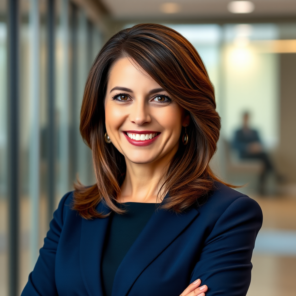 Retrato profesional de la Dra. Amelia Thompson, una ejecutiva confiada de mediana edad con cabello castaño profesionalmente peinado, vestida con un traje de negocios azul marino, sonriendo cálidamente en un entorno de oficina moderna con iluminación suave