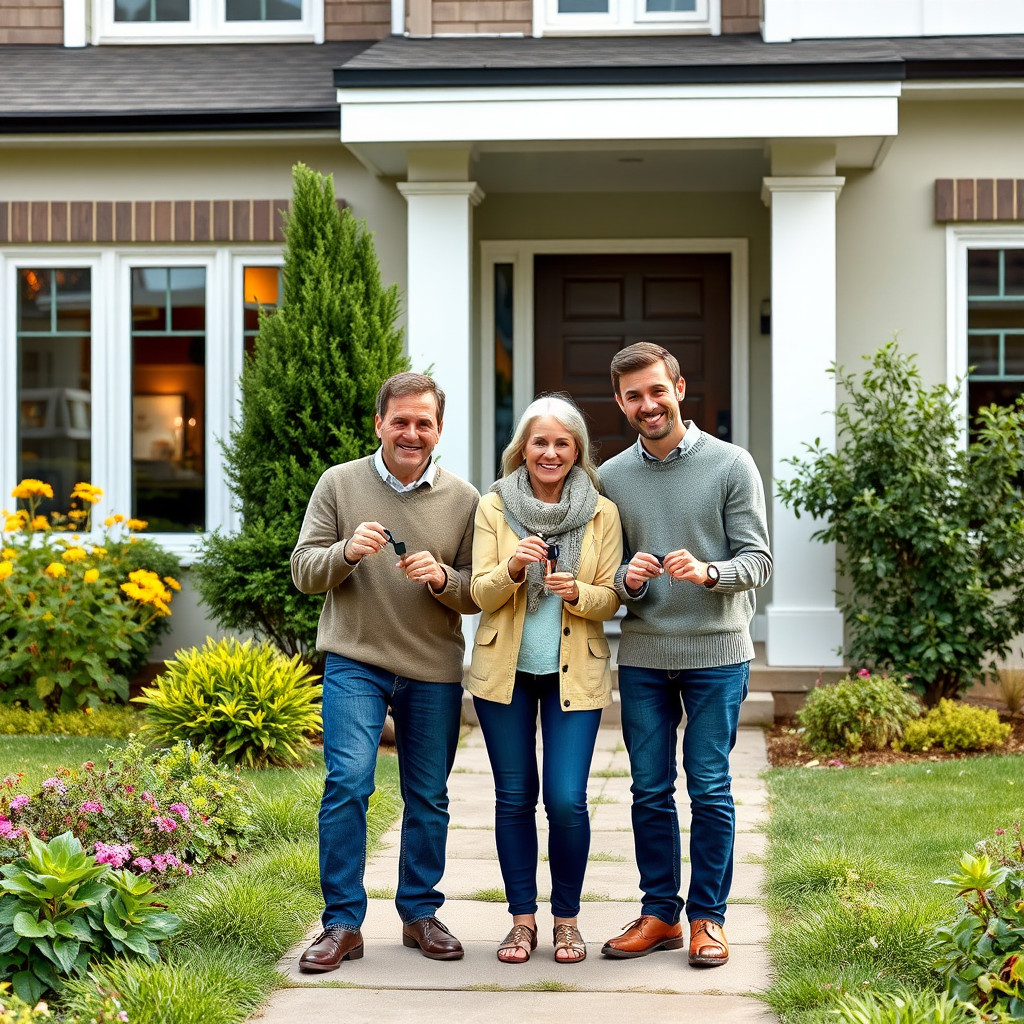 Familia feliz sosteniendo llaves frente a su nueva casa con jardín y entrada moderna